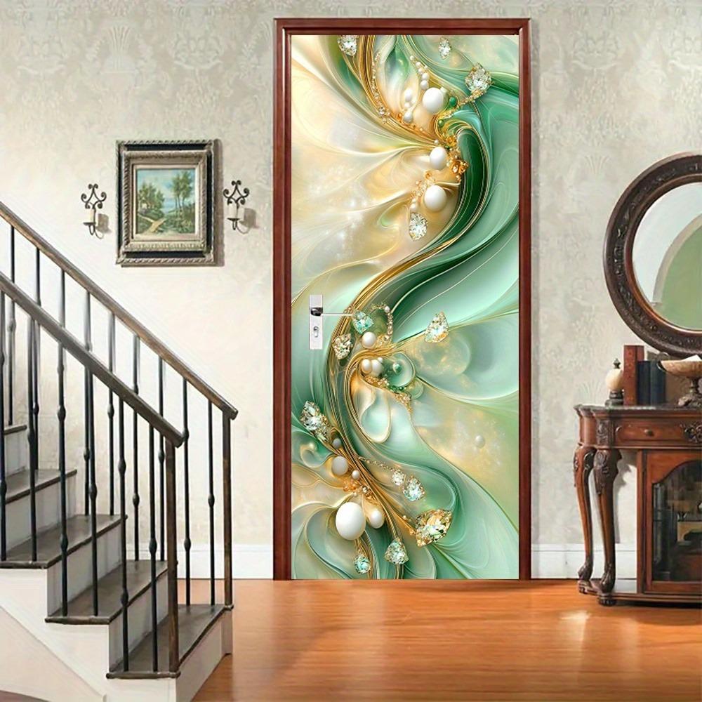 Moderne Geometrische Türsticker - Selbstklebende und abnehmbare Türsticker, grüne seidige Wellenlinien mit einem Schmuckmuster