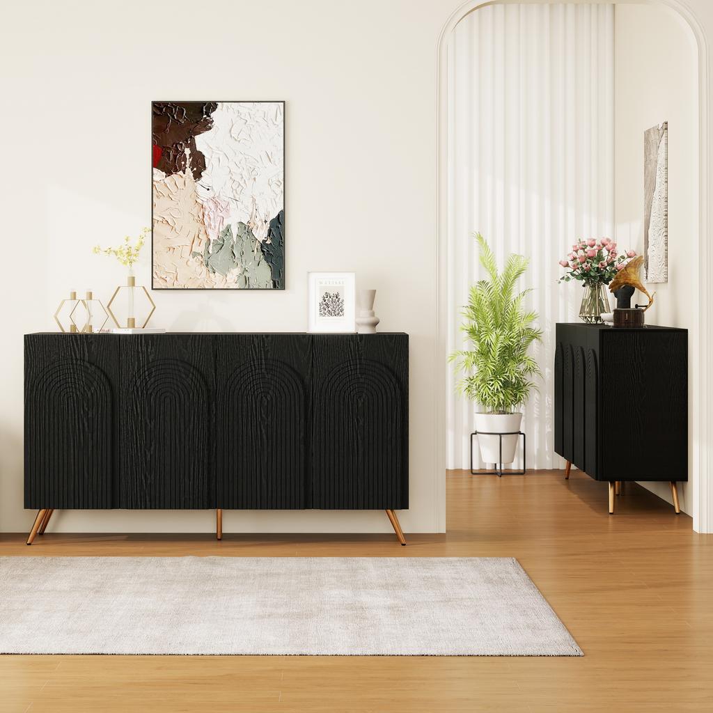 Sideboard in Mid-Century Design, Black Hallway Cabinet with 3D Grooves & Arched Doors, Wood Material, Adjustable Shelves, Gold-Colored Metal Feet