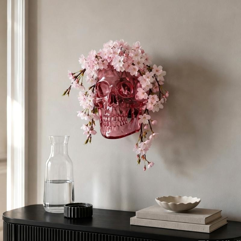 Faux Flower Skull Wall Vase in Pink, Halloween Wall Accent for Alternative Home Styling, Single Piece Room Display for Indoor Wa