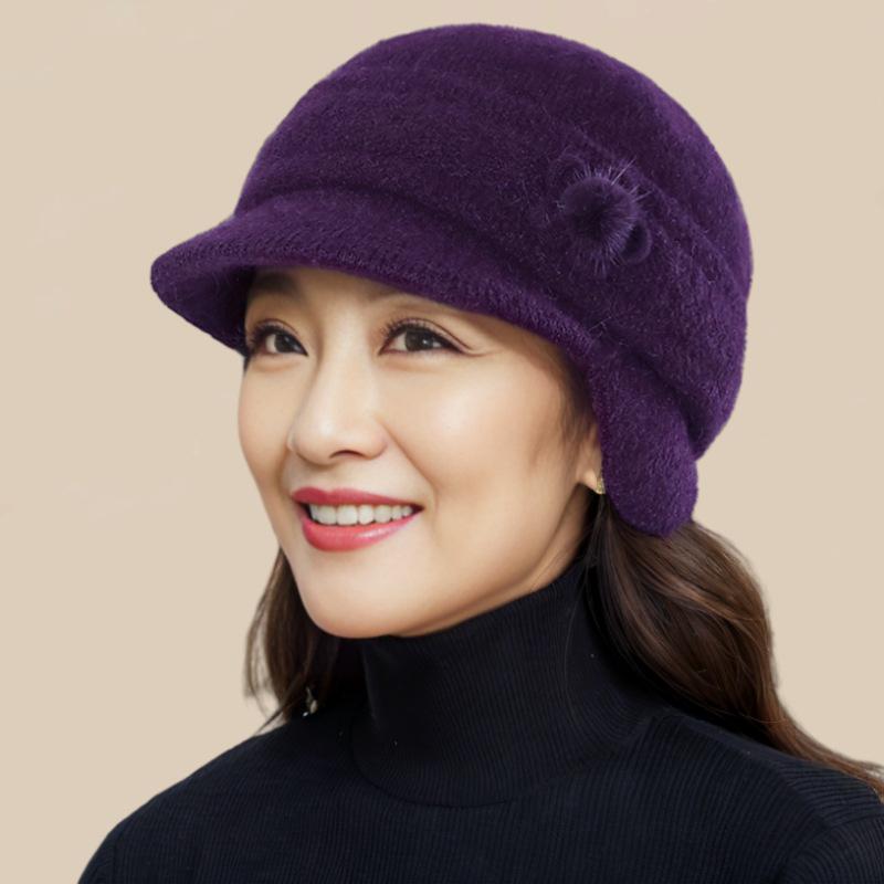 Women's Winter Velvet-Lined Wool Hat with Ear Protection – Fashionable and Warm Knitted Design for Middle-aged and Elderly