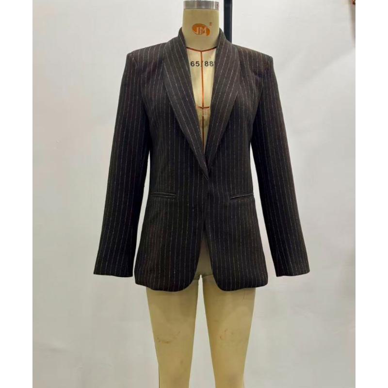 Women's Striped Open Front Blazer, Thick Woolen Suit Jacket, Elegant Commuter Waist Slimming Design,Stylish No Button Ladies Business Outerwear
