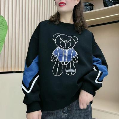 Bear Print Fleece Thickened Hoodie Women Loose Round Neck Casual Long Sleeve Top Autumn Winter Fashion Coat