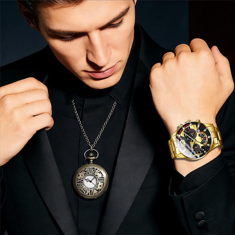 

2-piece men s quartz watch with casual versatile design + vintage pocket watch, the perfect gift choice for Father s Day, boyfri