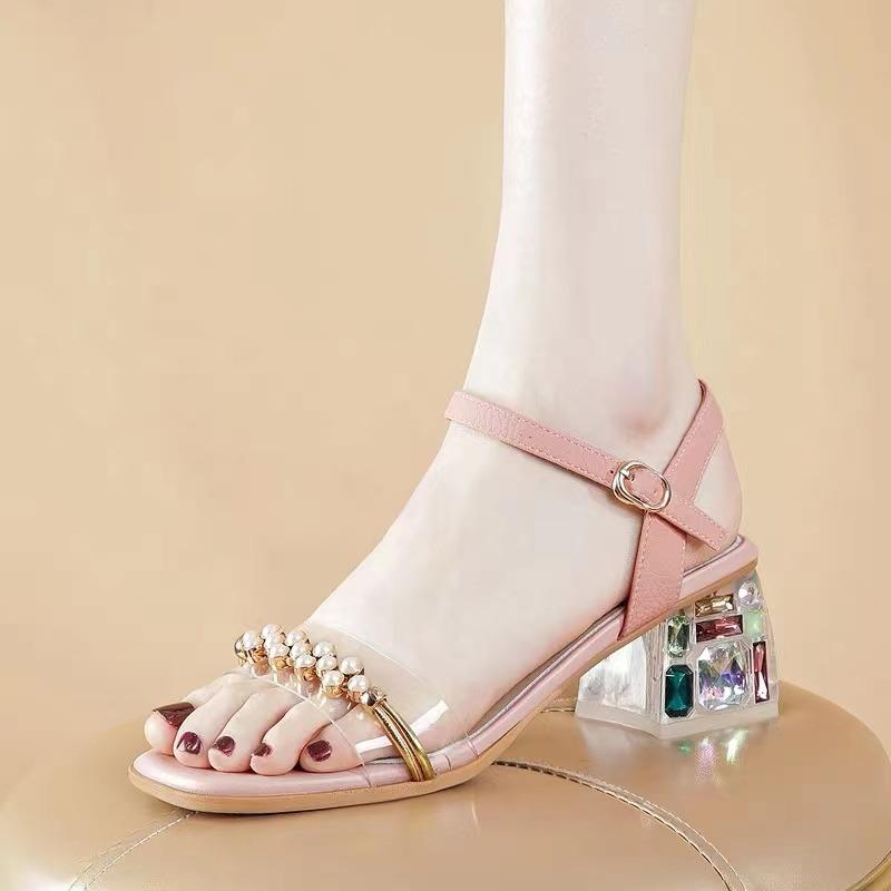 Mode 2024 Neue Elegante Französische Stil Transparente Kristall Dicke Ferse Damen Sandalen Hoher Absatz Vielseitig Bequeme Sommerschuhe