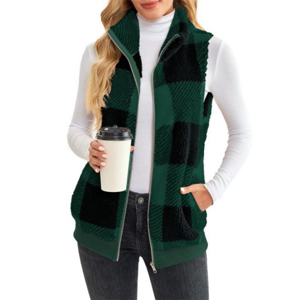 New Women's Plaid Fleece Cardigan Vest - Stand Collar Sleeveless Outerwear for Ladies - Comfortable Casual Jacket