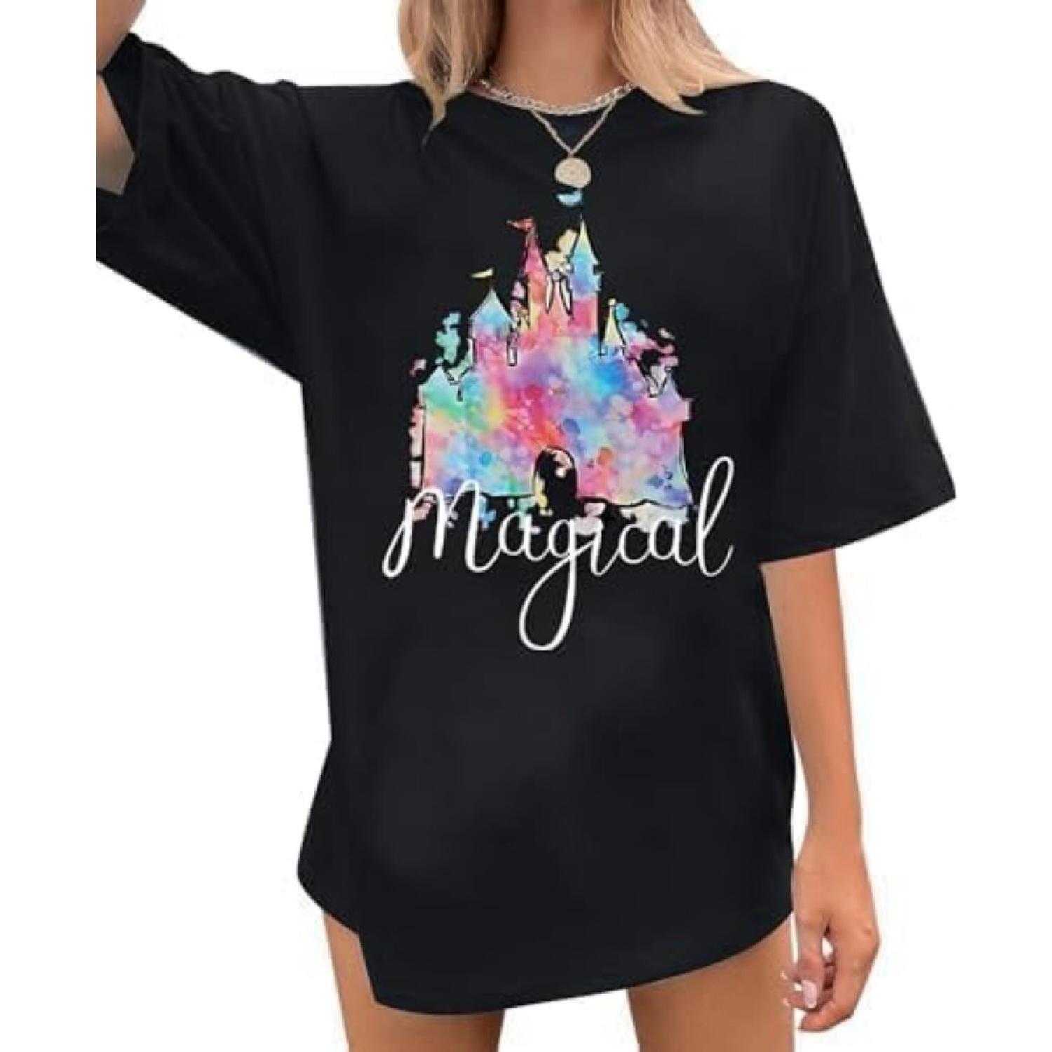YLISA Magical Shirt for Women Magic Kingdom Tshirt Family Vacation Castle Oversized Graphic Tees Casual Summer Tops S