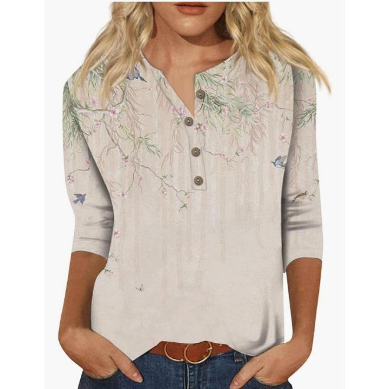 Button V-neck 3D Printed Top Fashionable Casual Long Sleeved Women's T-shirts