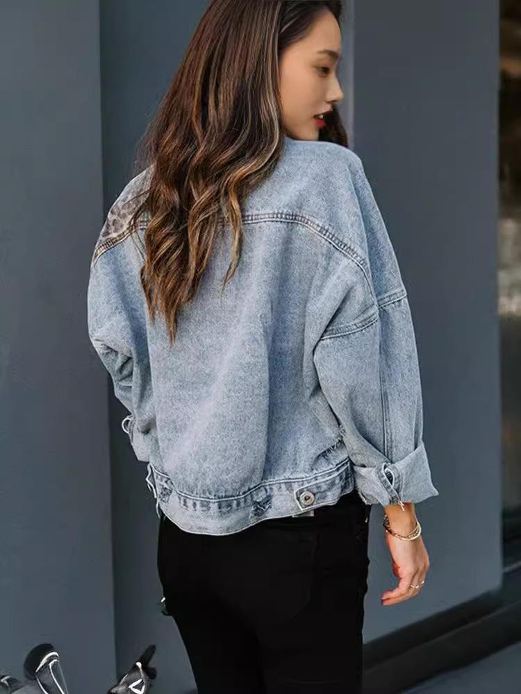 Women's Leopard Print Long Sleeve Denim Jacket - European and American Style for Autumn and Winter.