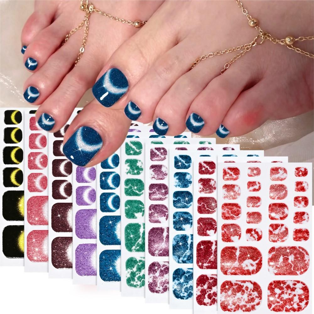 5sheets 3D Glitter French Toenail Full Wraps Shiny Purple Blue Black Red Toe Gel Nail Stickers Self-Adhesive Toenails Strips D#5
