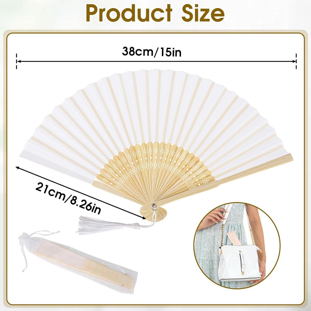 White Folding Hand Fan, Chinese Handheld Fan with Tassel Wooden Charming, DIY Blank Paper Fan Elegant Vintage Retro Style for Women Dance Party Home,