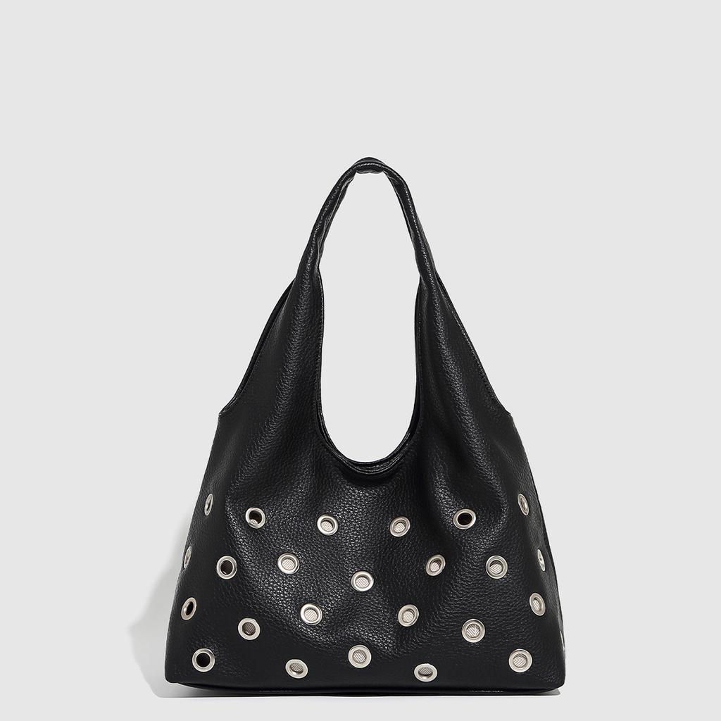 Punk Rivet Women Shoulder Bag Soft PU Leather Tote Bags for Women Handbag Half Moon Hollow Studded Shopper Tote Bucket Bags
