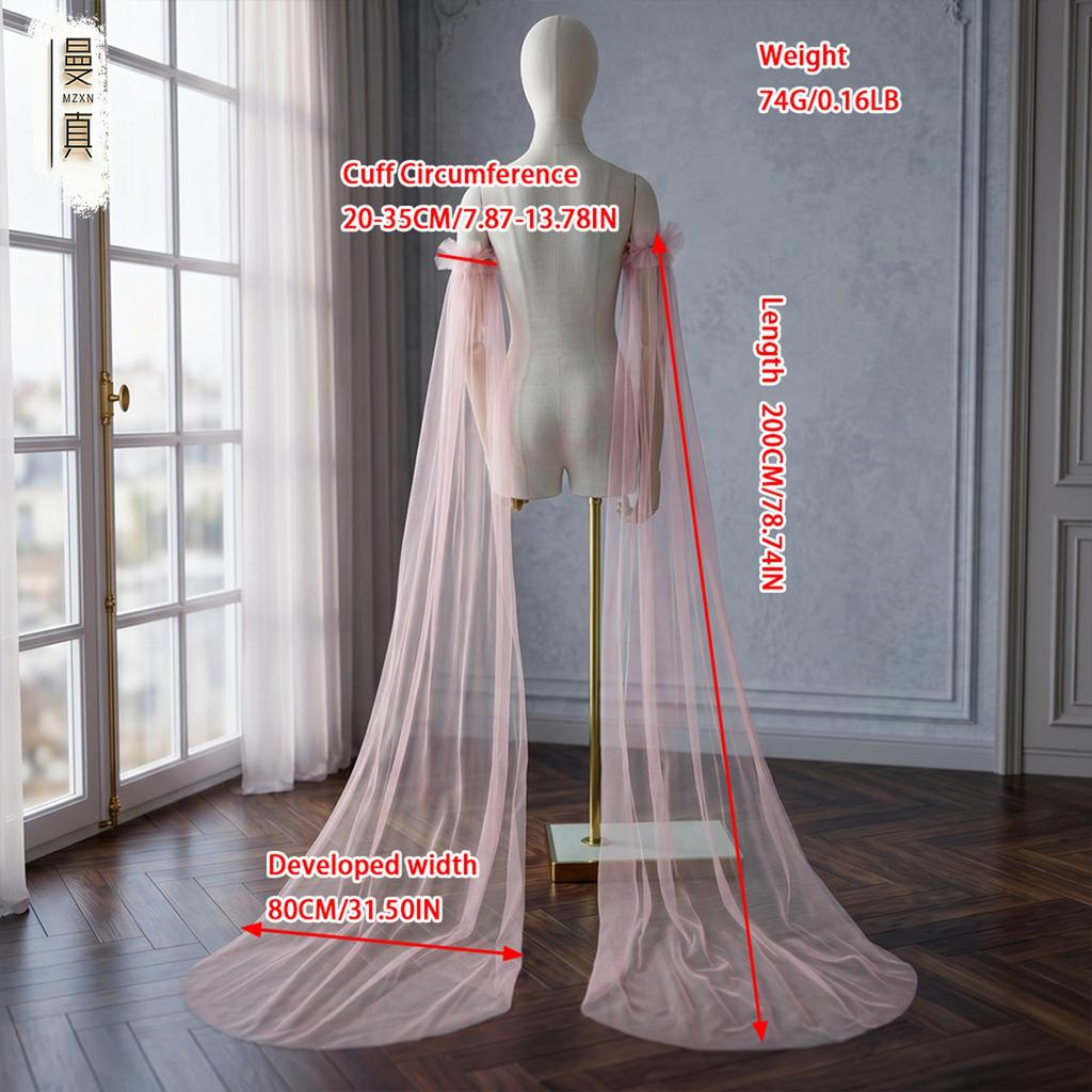 Detachable Off Shoulder Ruffle Tulle Long Train Arm Sleeves Maxi Floating Sheer Bridal Cuffs For Strapless Mermaid Wedding Gown Photoshoot