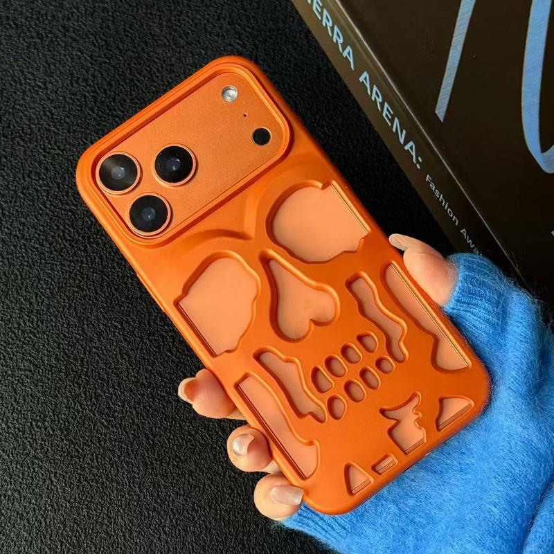 Ins Hollow Out Skeleton Skull Matte Orange Phone Case For For Iphone 17 Pro Max Plating Orange Protective Back Cover