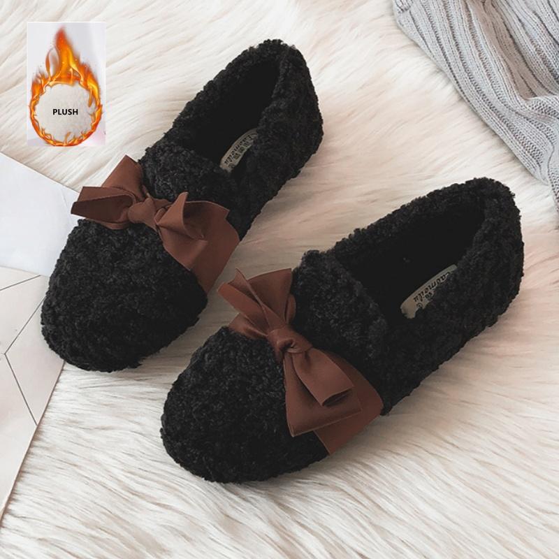 Fashion Korean Style Shallow Mouth Female Shoes 2025 Winter Fur Comfortable Loafers Casual Soft Warm Flat Shoes Bow Slip On Women Shoes