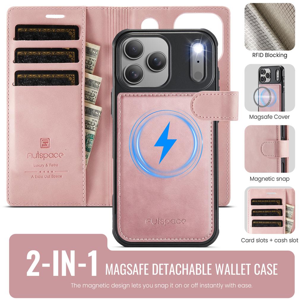 2-in-1 Magnetic Magnetic Detachable Wallet Case for iPhone 17/17 Pro/17 Max/17 Air - PU Leather, Card Slots, MagSafe Charging, 360° Protection