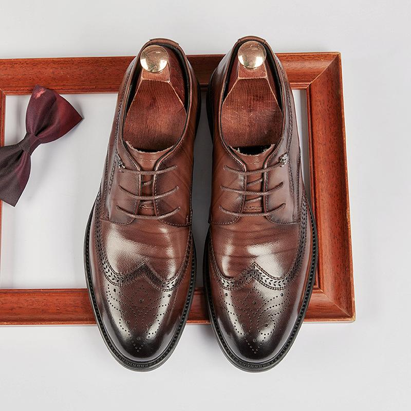 

Men s Leather Brock Shoes Men s British Casual Dress Derby Shoes Carved Round Head Wedding Groom Shoes 38