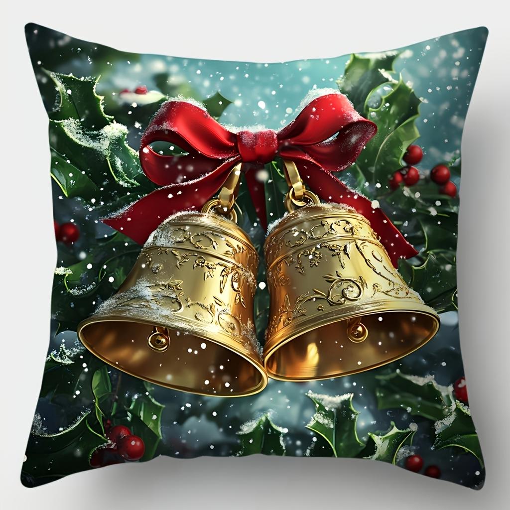 4pcs Christmas Pillow Cover Set with Santa And Bells Pattern, Double-Sided Print, Sizes 16/18/20 Inches, Decorative Waist Cushion Cases, Pillow Insert