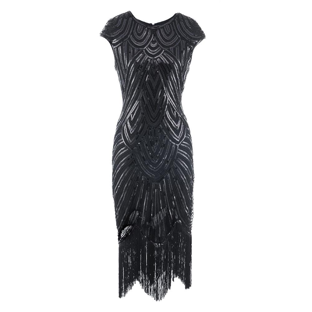 Mode Womenswear Vintage Frauen Pailletten Quasten Rundhals ärmelloses Bankett Cocktail Partykleid