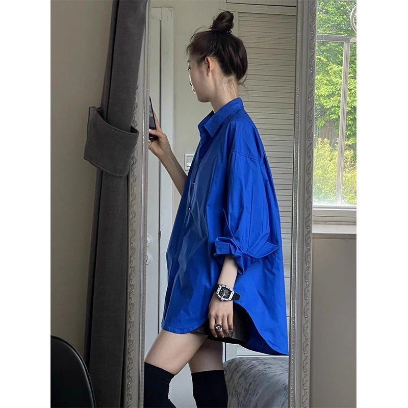 Lös sommarskjorta Koreansk stil Solskydd Enfärgad Casual blus för kvinnor Premium lagerplagg