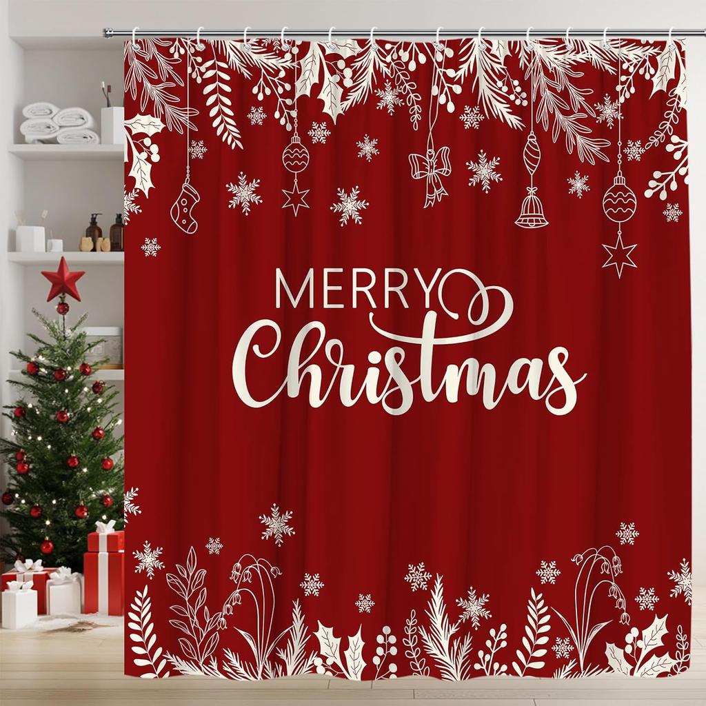 Merry Christmas Shower Curtain Black Holly Pine Leaves Snowflake Xmas Balls Winter Fabric for Bathroom Decor Bathtub with Hooks