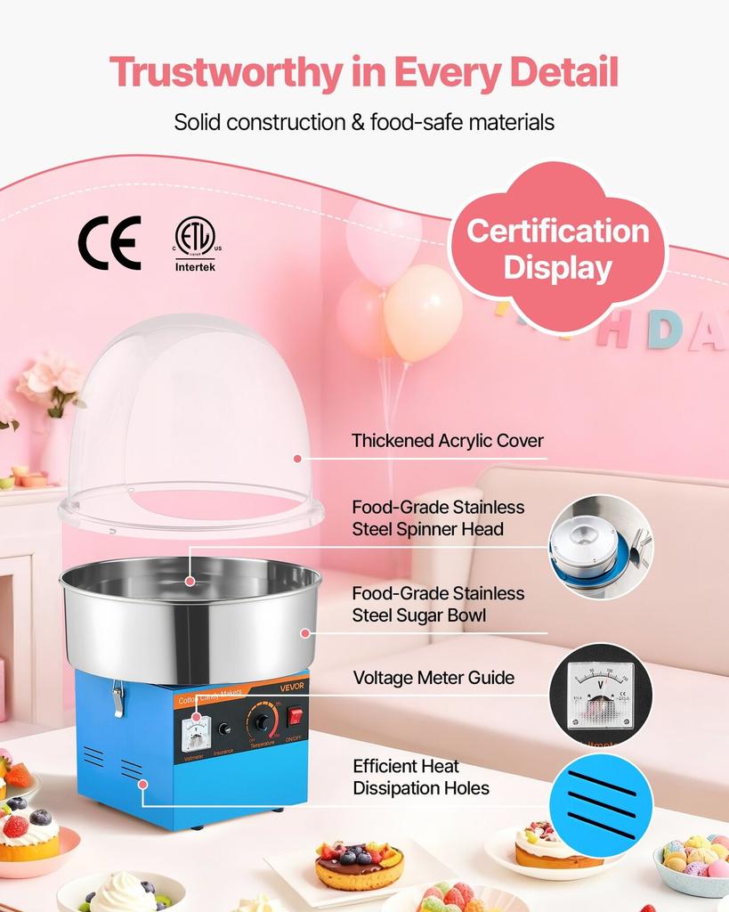 Electric Cotton Candy Machine, 1000W Electric Floss Maker With Cover, Commercial Cotton Candy Machine w/Stainless Steel Bowl & Sugar Scoop, Ideal for