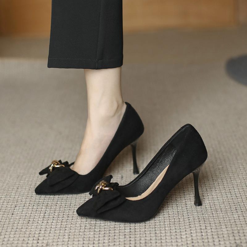 Fashion Fashionable Bow Metal Buckle High Heels 2024 Spring New Thin Heel Shallow Notch Pointed Simple Women's Single Shoe Versatile