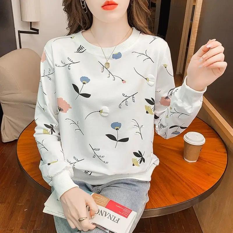 Sweatshirt New Thin Loose Long Sleeve T-Shirt Stylish Print Top Spring Autumn Round Collar Women's Cotton