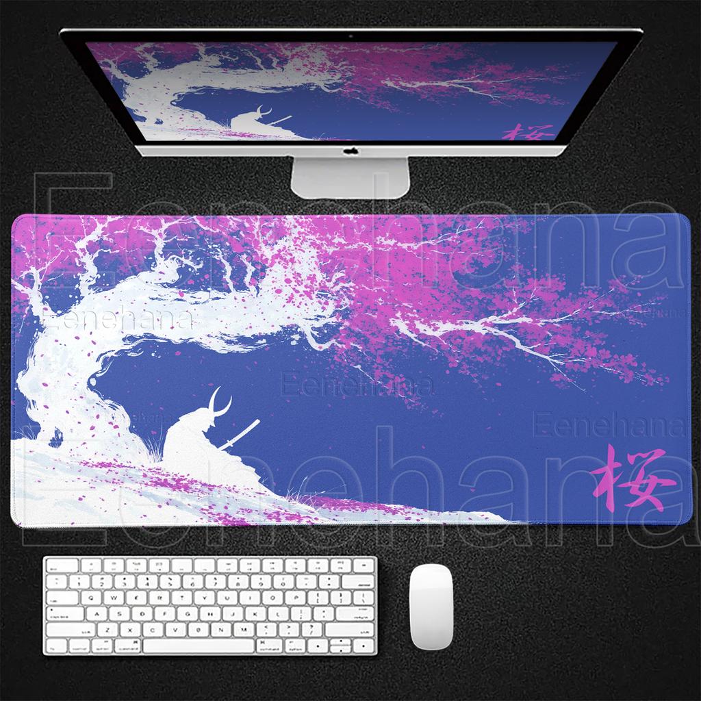Samurai Anime Mauspads Sakura Landschaft Schreibtischunterlage Schwarz Weiß Gamer Tastatur Großes Mauspads PC Zubehör Gaming Laptop Teppich