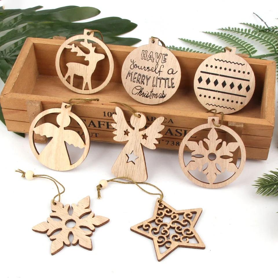 12PCS Christmas Wooden Pendants No Box Hallow Star/Angel/Tree Ornaments Home Christmas Tree Hanging Decoration Kids Gift Supply