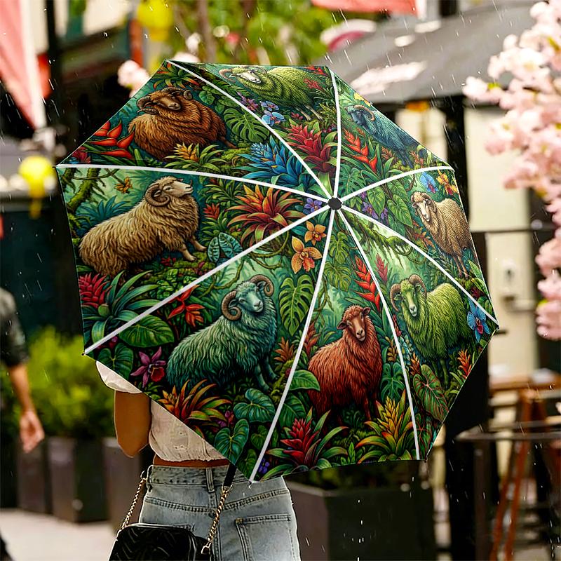 

Goat Penguin Animals and Leaf Umbrella for Outdoor Travel Use, Auto Open-Close 8-Rib Umbrella Exquisite Gift for Family and Friends