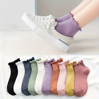 10 Paar Rüschen-Socken, Niedliche & Bequeme Unifarbene Kurze Socken, Damenstrümpfe & Strumpfwaren