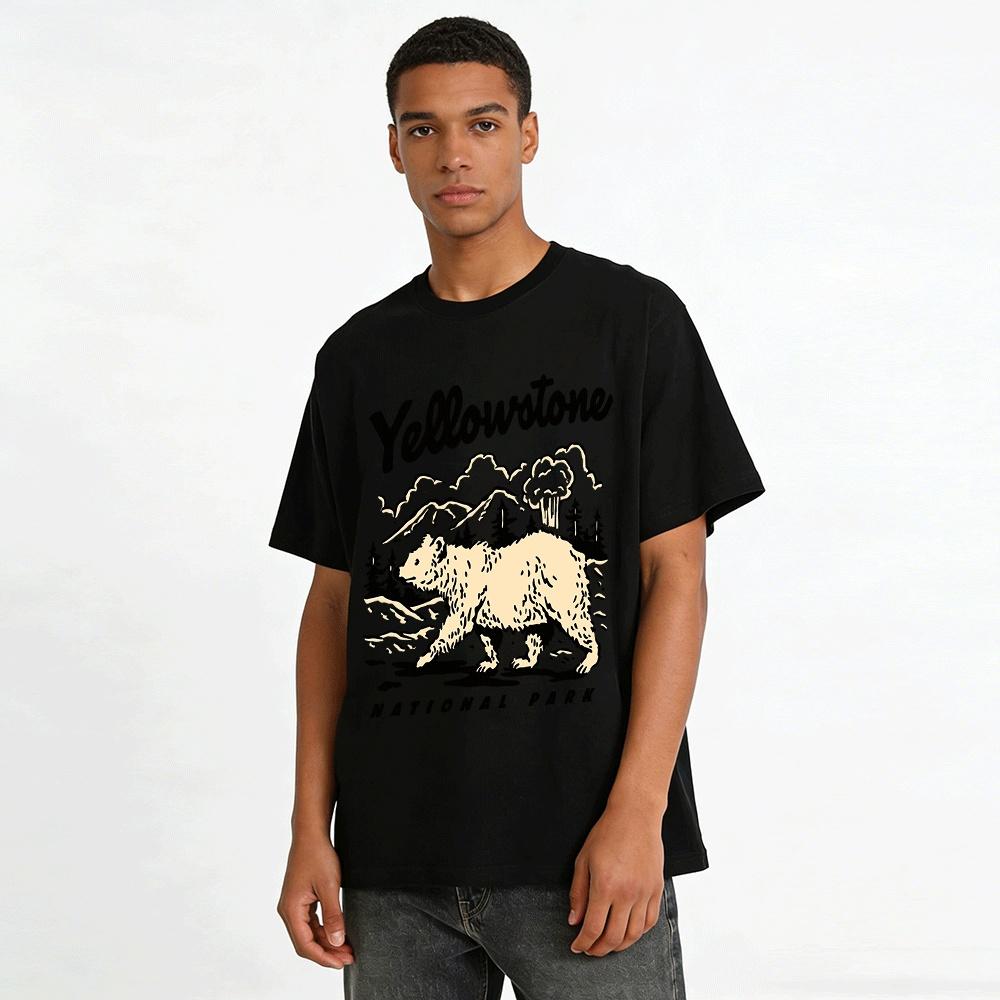 Yellowstone National Park Bear Print Retro Casual Short Sleeve Tee Pure cotton T-shirt