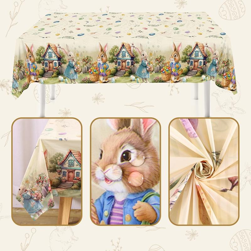 Vintage Easter Bunny Eggs Waterproof Tablecloth Holiday Party Decor Spring Floral Rectangle Table Cover Easter Decoration 2026