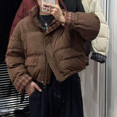 Plaid Splicing Down Jacket Women's Short 2025 New Retro Japanese Sweet Thickened White Duck Down Bread Jacket