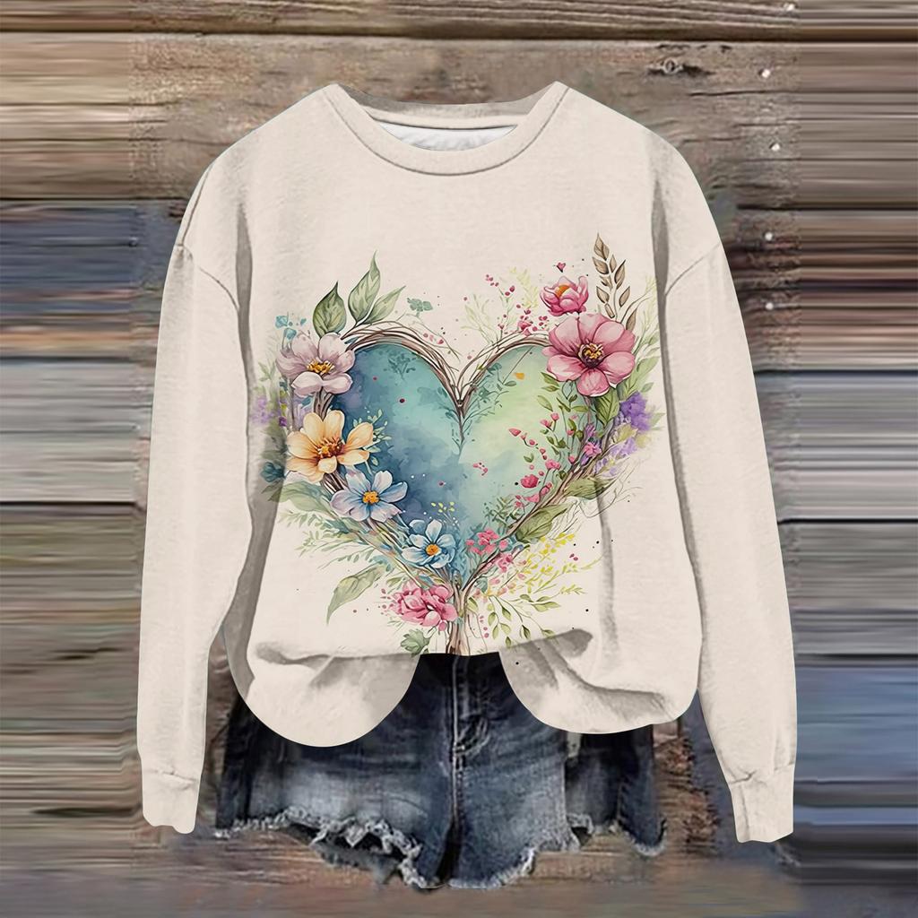 Kadın Moda Baskılı Uzun Kollu Bol Yuvarlak Yaka Sweatshirt Üst Sonbahar