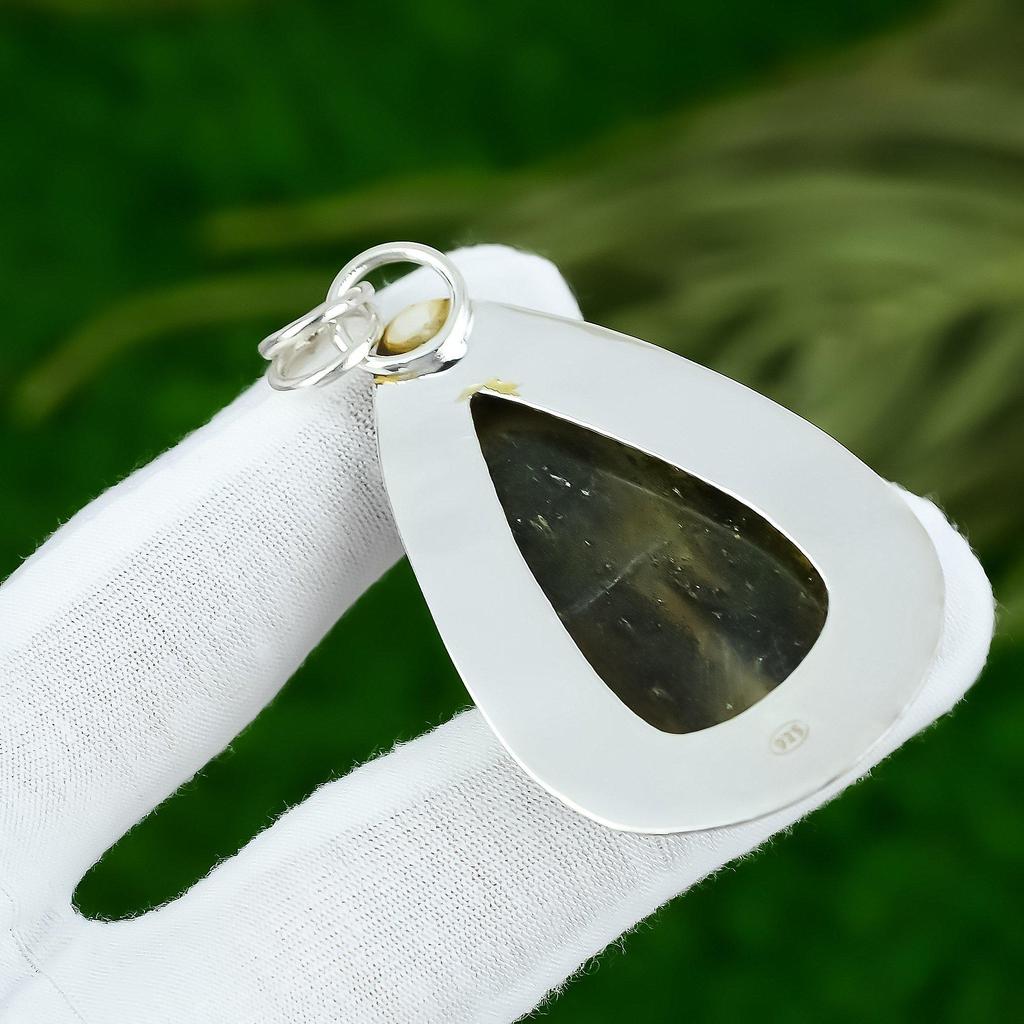 Sterling Silver Pear Black Sunstone Stone Birthday Engagement Wedding Pendant