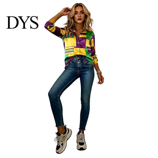 Comfortable Mardi Gras Tee Women Shirt Lapel Long Sleeve Striped Print Tops Buttons Vibrant Festival Placket Loose Fit Carnival Outfit Party