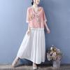 Women's Ethnic V-Neck Embroidered Cotton-Linen Cardigan Top and Mid-Sleeve Tea Dress