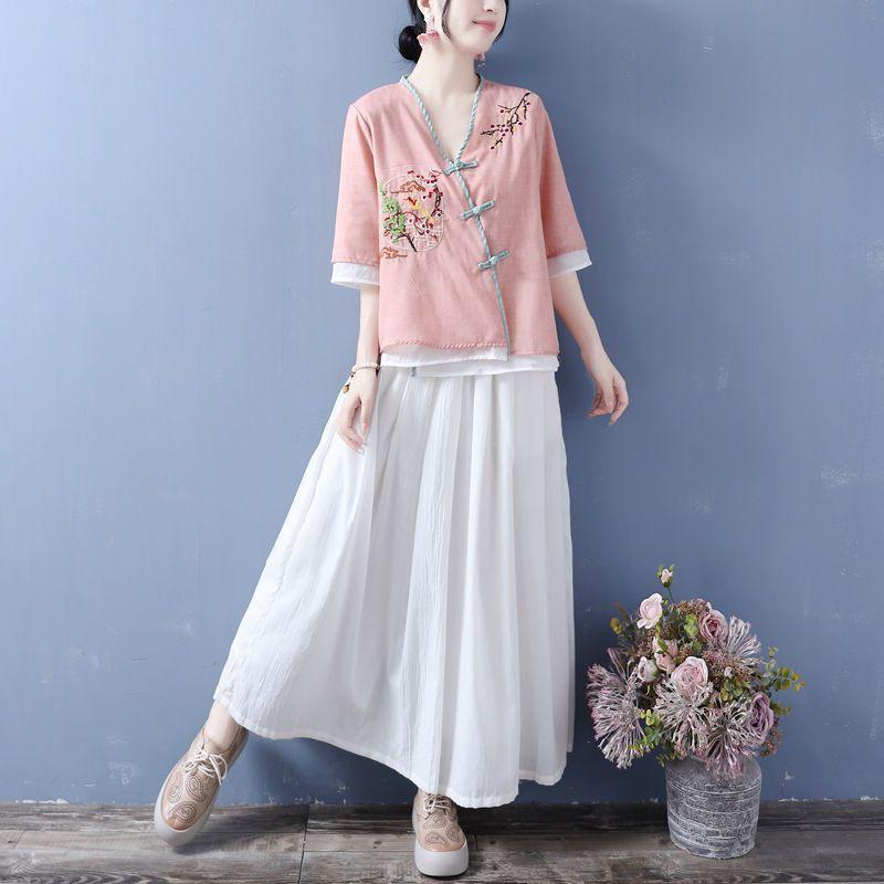 Women's Ethnic V-Neck Embroidered Cotton-Linen Cardigan Top and Mid-Sleeve Tea Dress