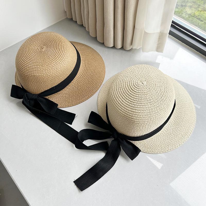 Large Brim Sun Hat Children'S Summer French Elegant Bow Webbing Straw Hat Versatile Sunscreen Visor