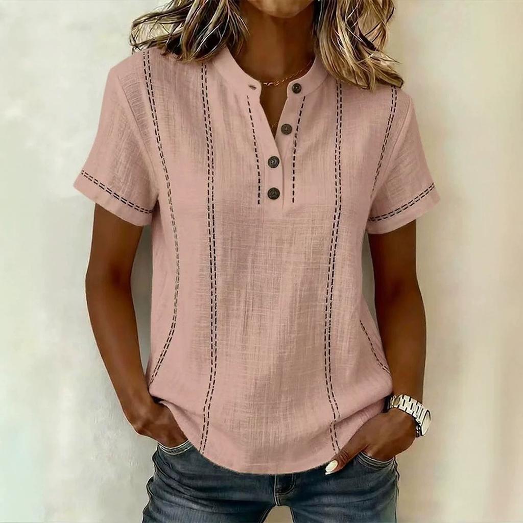 Camicetta da donna Henley a maniche corte con cuciture a contrasto, azzurro chiaro, top casual con bottoni sul davanti, scollatura rotonda, tinta unita