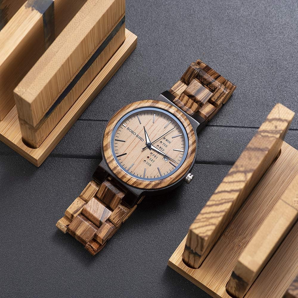 Bobo Bird Men's Wooden Watch Analog Quartz Date Display Lightweight Brown