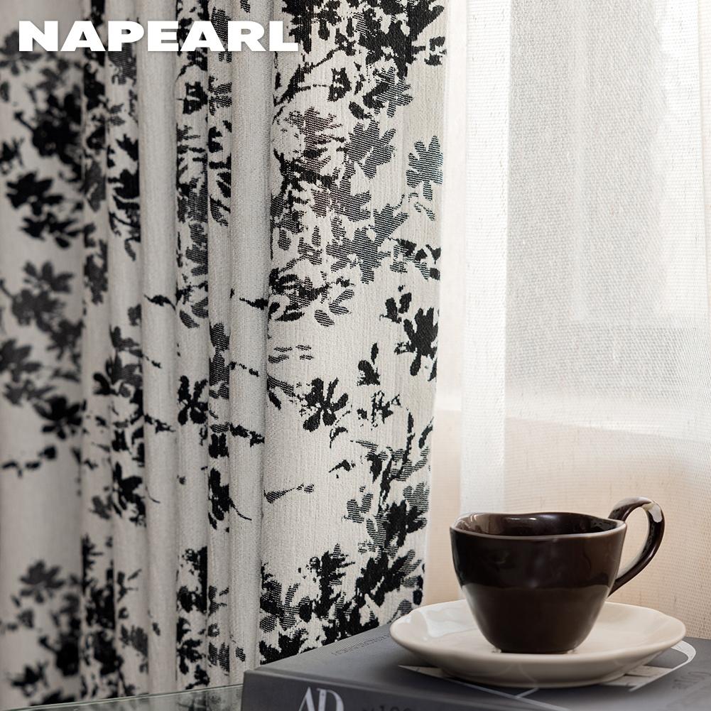 1PC NAPEARL Middle Ancient Style French Printed Curtains Black and White Floral Branch Printed Curtains for Bedroom Living Room Home Decor