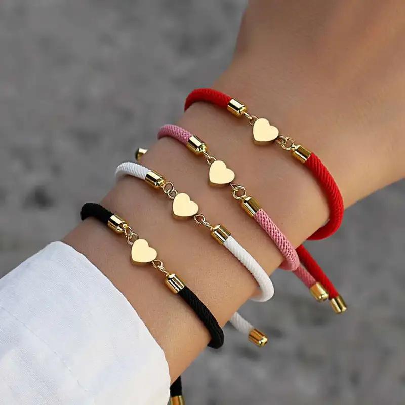 Colorful Cord Heart Charm Bracelet Set – Gold Tone Romantic Jewelry for Women, Adjustable Love Gift