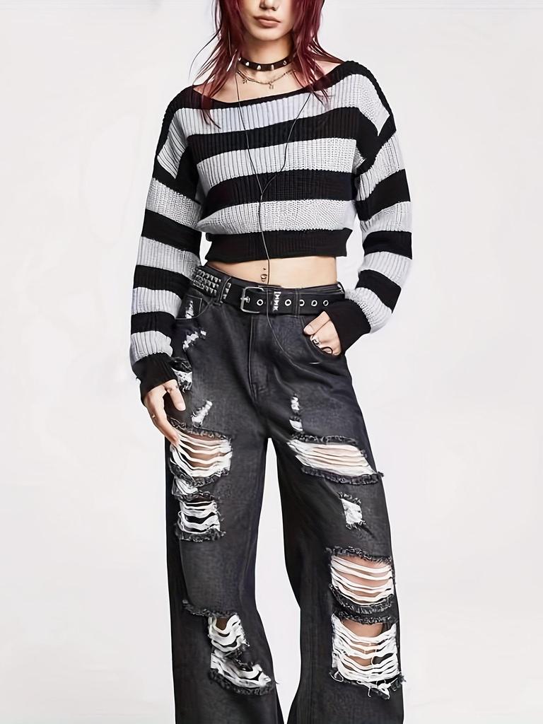 European-American Striped Long Sleeve Loose Knit Sweater for Women