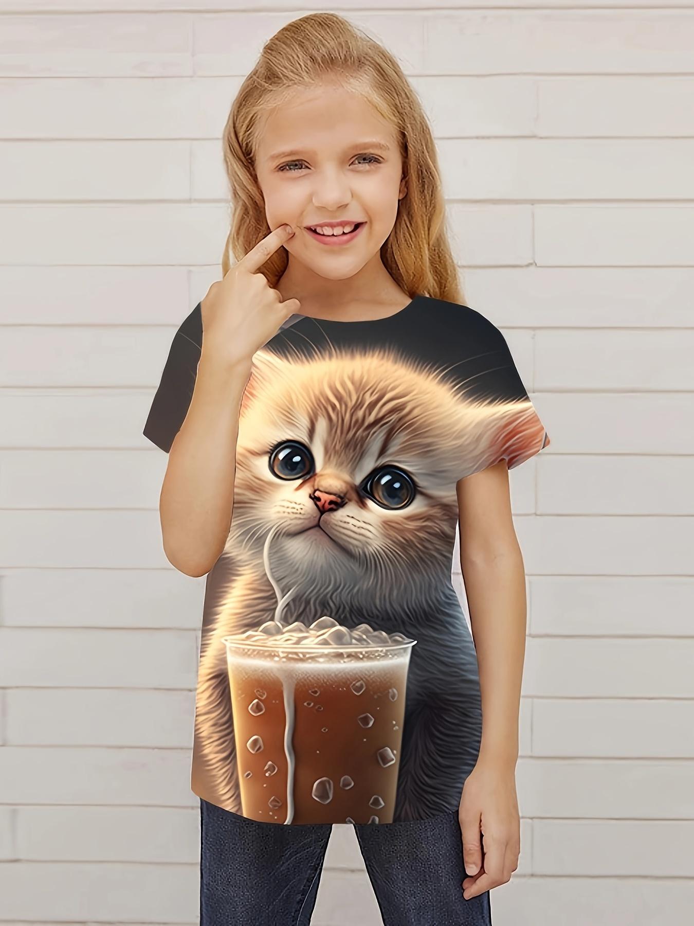 

Милая детская футболка с принтом котенка, круглый вырез, короткий рукав 160