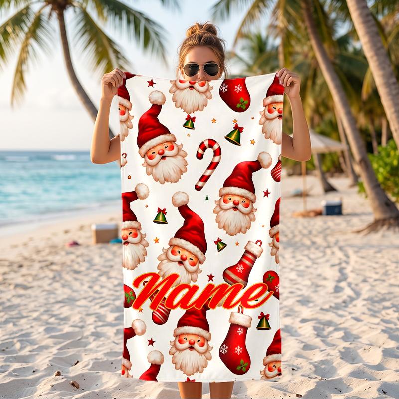 Jolly Santa Claus (1) Custom Name Beach Towel Large Towel for Beach Pool Swimming Vacation Travel Gift