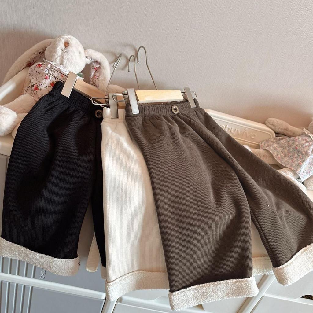 Winter Children's Clothing 1-8Y Kids Fleece Lined Corduroy Wide Leg Pants Solid Color Warm Trousers
