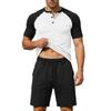 Summer Men's Casual Fitness Sets Short Sleeve Shirt And Shorts Patchwork Henry Neck Two-Piece Suit