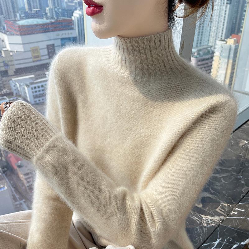 Women's Autumn/Winter Wool Sweater, Half High Neck, Loose Fit, Knit Base Layer, Seven Gauge, Thickened